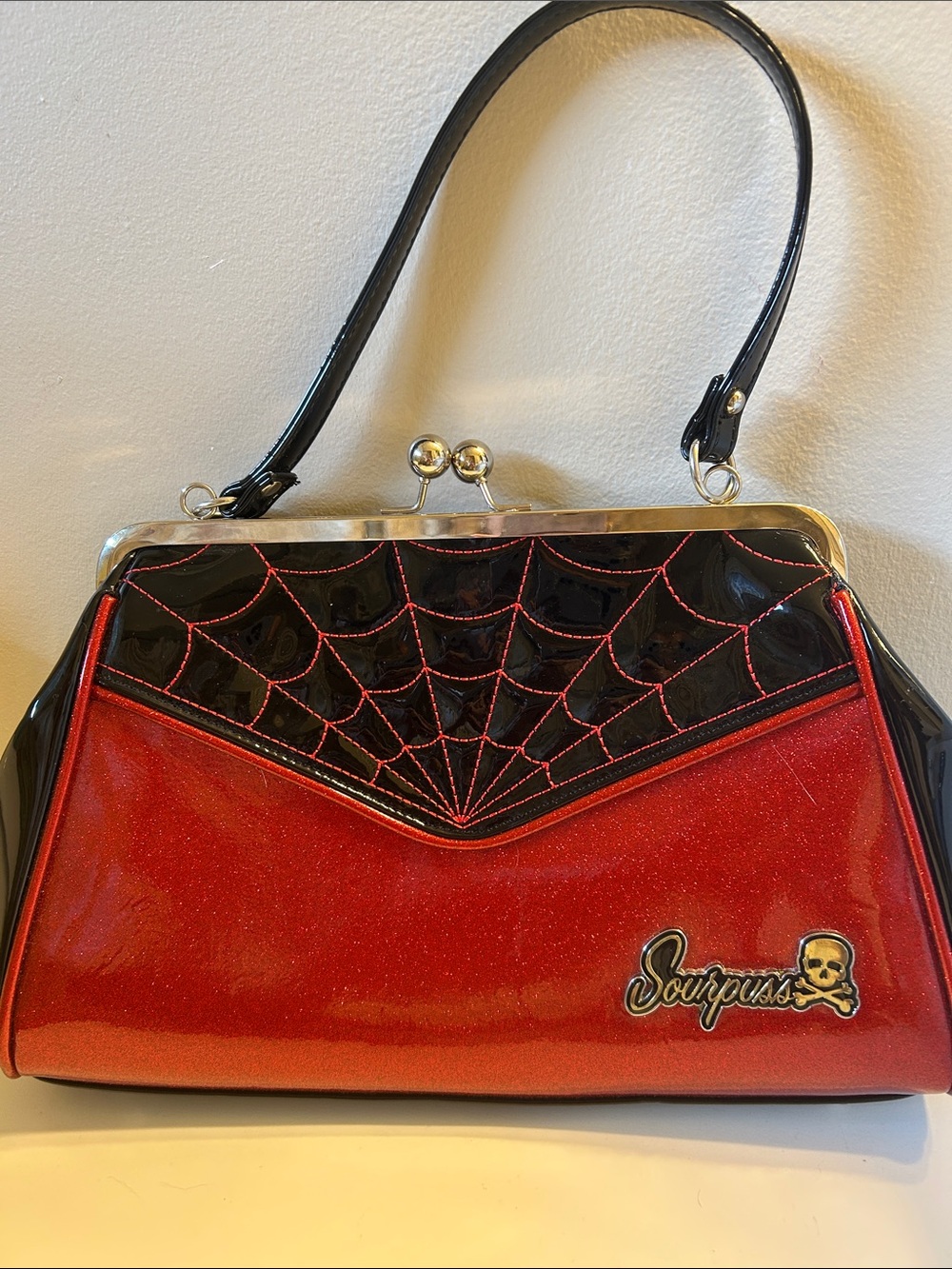 Sourpuss Red and Black Spiderweb Kiss-Lock Shoulder Bag